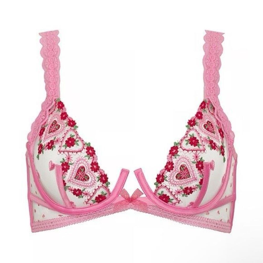 NWT For Love & Lemons Doiley Heart Bra In Pink Size 32A